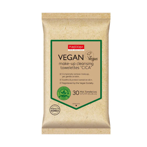 Purederm Vegan Make-Up Towelettes CICA Veganiškos makiažo valymo servetėlės