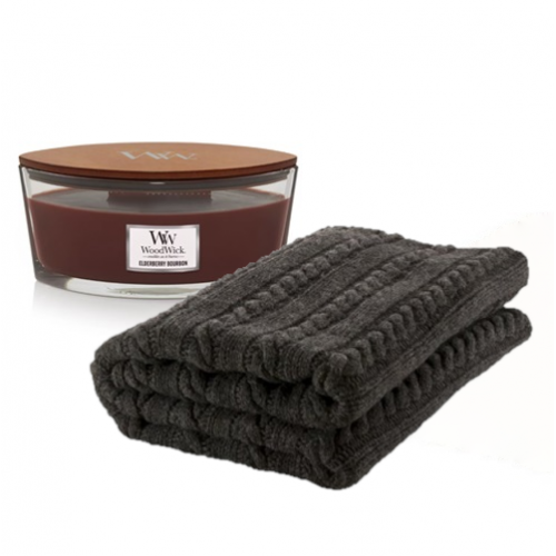 KlipShop Classic Style Blanket and Woodwick Heartwick Candle Set in a Gift Box Smoked Walnut & Maple