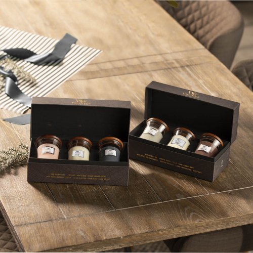 WoodWick Mini Core Evening Onyx, Solar Ylang, Coastal Sunset Gift Set Žvakių rinkinys dovanų dėžutėje