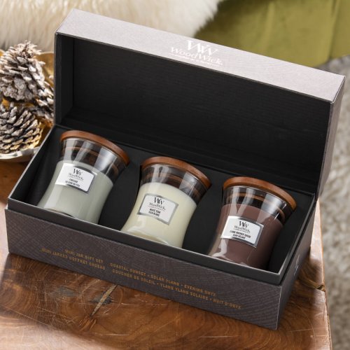 WoodWick Mini Core Fireside, White Teak, Sand & Driftwood Gift Set Sveču komplekts dāvanu kastītē