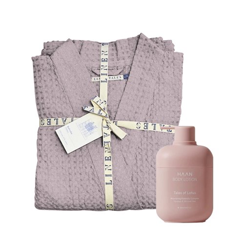 KlipShop KlipShop Linen Tales Powder Linen & Cotton Honeycomb Waffle Bathrobe + HAAN Body Lotion S-M