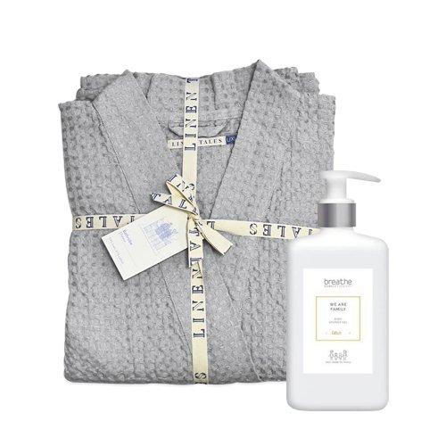 KlipShop KlipShop Gift Set Linen Tales Light Grey Linen & Cotton Honeycomb Waffle Bathrobe + Breathe Shower Gel L-XL