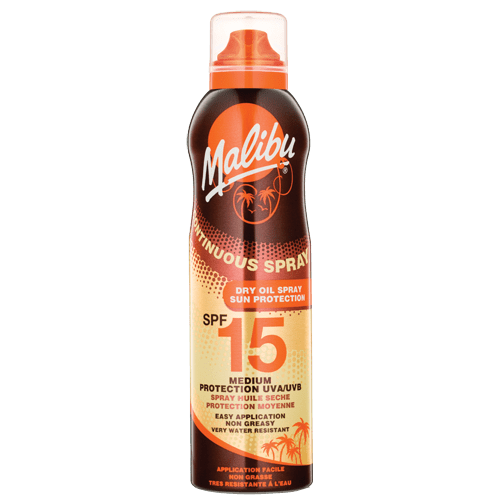 Malibu Continuous Dry Oil Spray SPF15 Purškiamas apsauginis losjonas