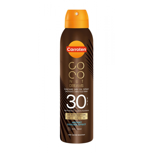 Carroten Dry Oil Coconut Dreams SPF30 Purškiamas sausas aliejus apsaugai nuo saulės