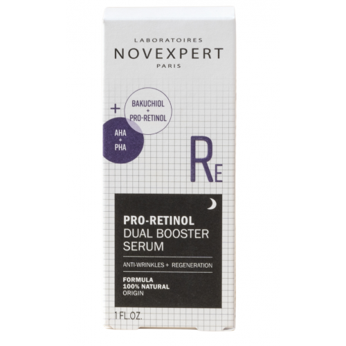 Novexpert Pro Retinol Dual Booster Serum Kahese toimega seerum, mis sisaldab bakuktsiooli, pro-retinooli ja 10% AHA, PHA happeid