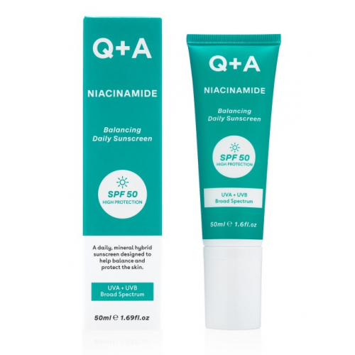 Q+A Niacinamide Balancing Face Cream SPF50 Apsauginis kremas nuo saulės probleminei odai