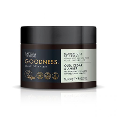 Baylis & Harding Goodness Oud, Cedar & Amber Natural Oils Salt Scrub Kūno šveitiklis